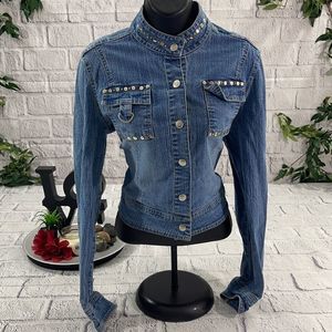Women’s Casual Kiss Blue Denim Button Down Waist Length Jean Jacket (L) U09